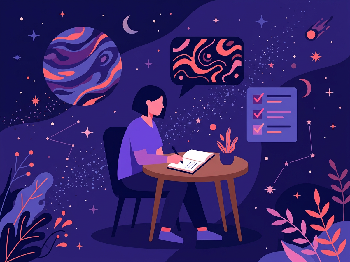 Illustration of a person taking notes at a small table under a night sky.